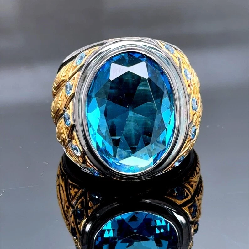 Anillo de oro grabado con piedras preciosas de aguamarina y oro plateado para hombre Foto 4 de 4