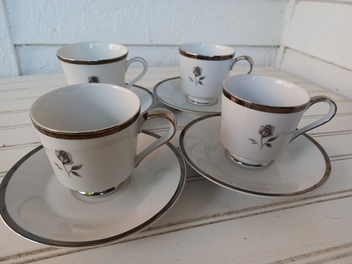 Coffe Midnight Rose China of Japan 5 Footed Cups & Saucers Set Platinum Trim - Picture 3 of 12