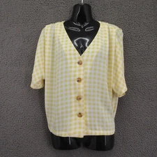 Elodie Yellow Gingham Button Front Short Sleeve Blouse Women’s Small #4656