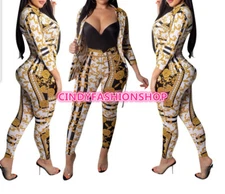 Women Gold Print Two-Piece Set Turn Down Collar 3/4 Sleeve Button Jacket+Pants 