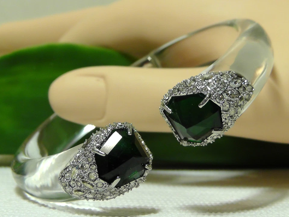 Alexis Bittar Clear Lucite & Deco Emerald Crystal Cuff Bracelet.*******NEW******