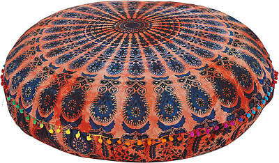 Fodera Cuscino Euro 66x66 Cm In Cotone Mandala Indiano Etnico - Con Pompon, Senza Imbottitura, Per Meditazione E Divano