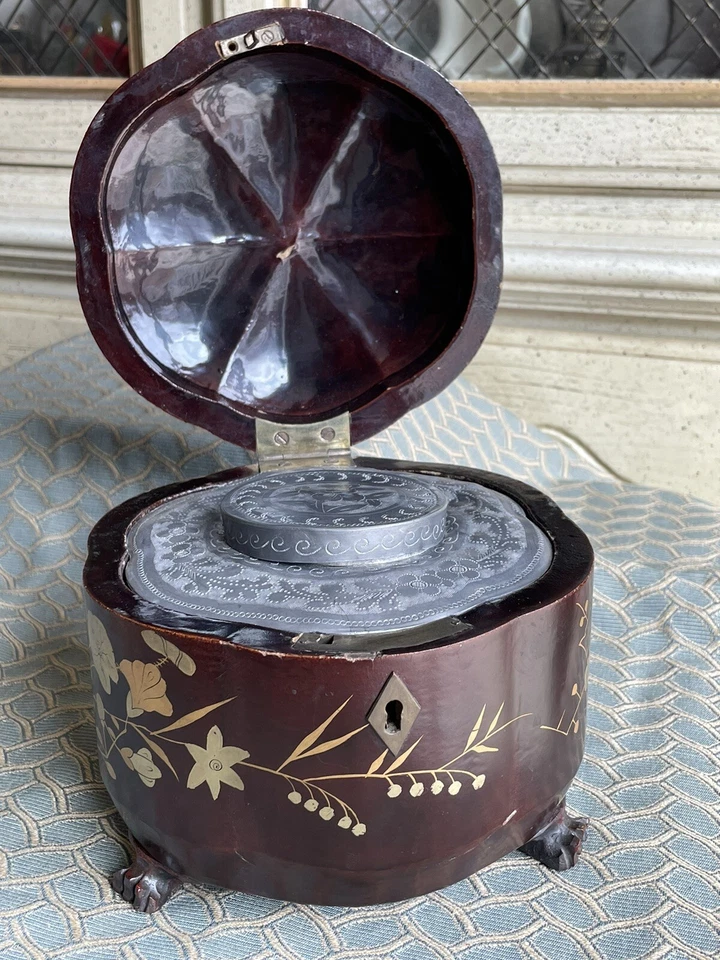 RARO Oriental China Laca Chinesa Melão Chá Caddy Baú Esculpido Pés de Dragão ATQ - Imagem 3 de 4