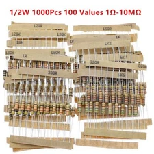 1000Pcs 100 Values 1/2W 0.5W Carbon Film Resistors Assortment kit 1-10M Ohm Ω