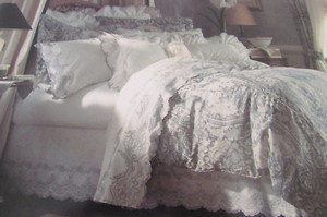 D. Porthault VALMONT Blue Ruffle Lace Twin Bed Skirt