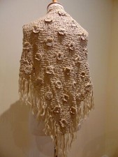 Handmade Alpaca Crochet Shawl Lace Wrap Floral Motif Hand Knitted - Beige