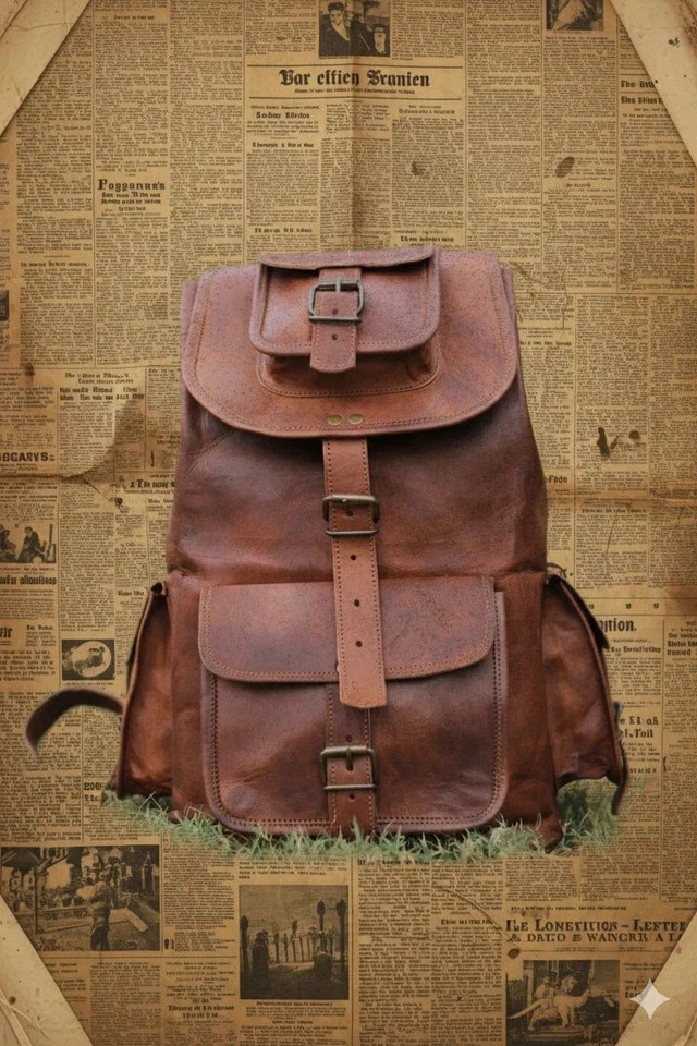 20" Men's Large Real Vintage Leather Backpack Brown Travel Rucksack Laptop Bag