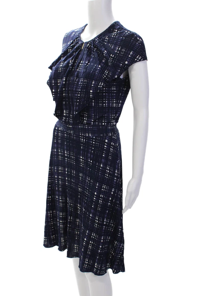 Tory Burch Womens Plaid Short Sleeves A Line Dress Navy Blue Purple Size Small - Image 2 of 4