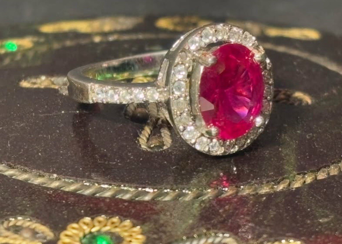 Oval Ruby & Rhinestone Sterling Silver Ring Size 6 - image 1
