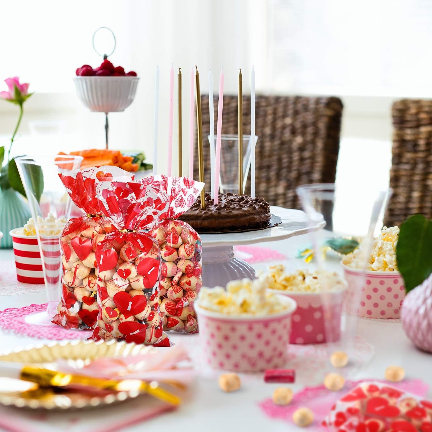 Blulu 100 Pieces Valentines Party Treat Bags Mixed Heart Print Clear, Red 