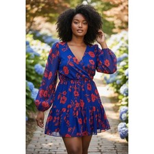 GUESS Fit & Flare Dress Size 16 Blue Red Floral Chiffon Faux Wrap Ruffle Mini