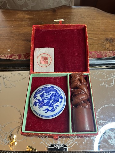 Vintage Chinese Carved Seal Stone Set W Red Fabric Box, Blue/white Porcelain Ink