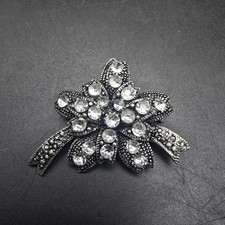 Rhinestone Flower Brooch Gun Metal Silver Tone Star