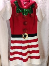 33 Degrees Christmas Sweater Dress Women's Santa Md Holiday Short Sleeve W Poms