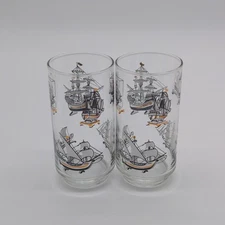 Libbey Tumbler Glasses Set Of 2 VTG Clipper Sailing Ship Mid Century Modern