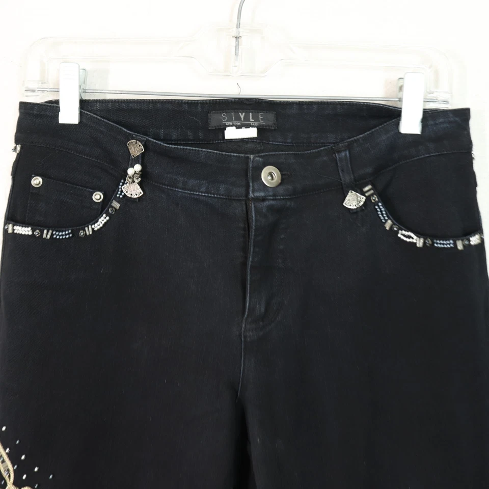 Vtg Style NY Boho Jeans Pants Women 6 Black 5 Pocket Denim Beads Embroider - Image 2 of 4