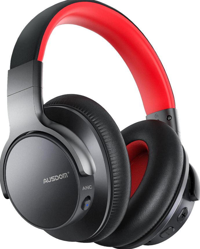 AUSDOM E7 Wireless Bluetooth Headphones with Mic 50Hr Playtime Noise Cancelling Red Black-image