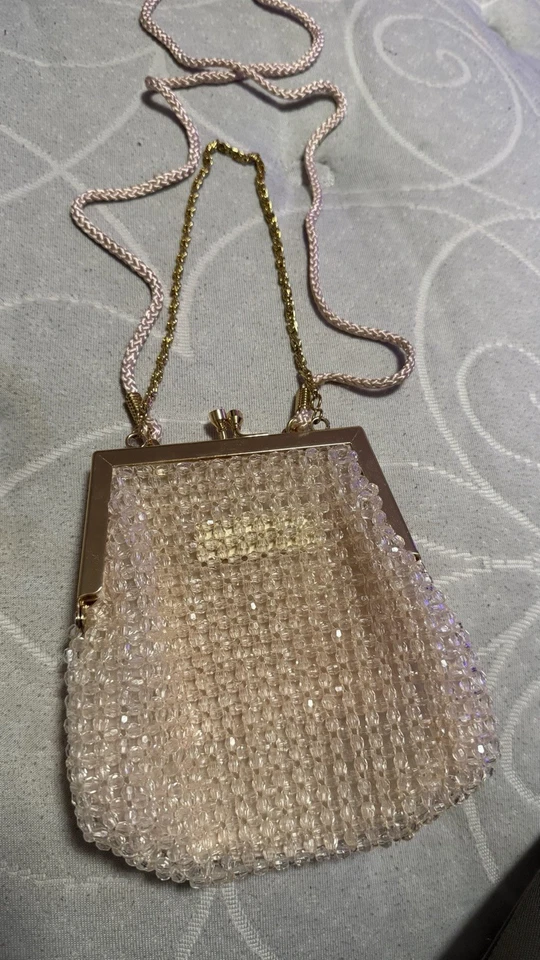 Kate Landry Beaded Purse Evening Bag Peach Clutch Gold Tone Metal Kiss Lock - Image 3 of 3