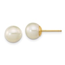 Real 14K Yellow Gold Madi K 7-8mm White Round Cultured Pearl Stud Post Earrings