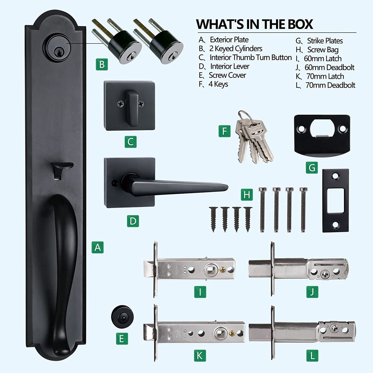 Matte Black Front Entry Door Handle Set for Single Door with