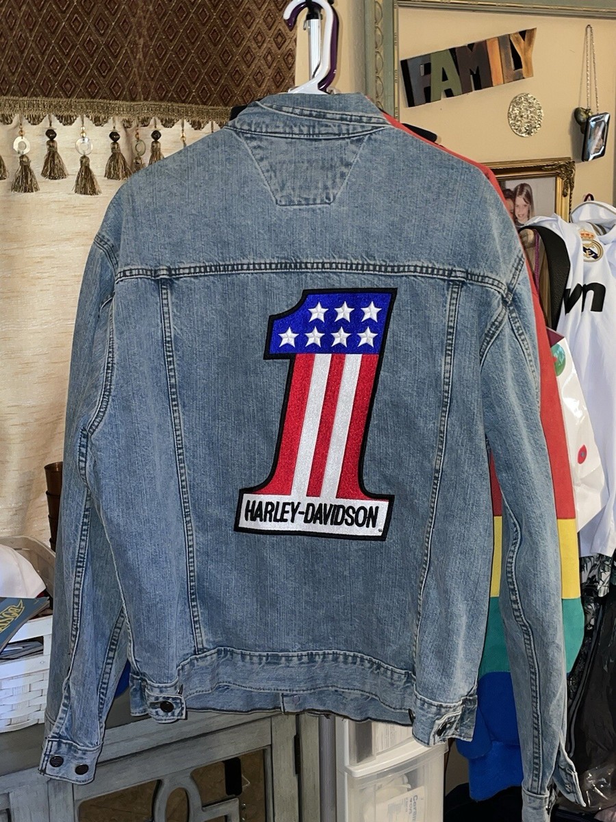 Harley Davidson Denim Jean Motorcycle Jacket Number One Patch Size