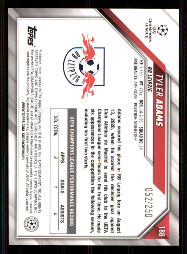 2021-22 Topps Chrome UEFA Purple Refractors #186 Tyler Adams /250 - Image 2 of 2