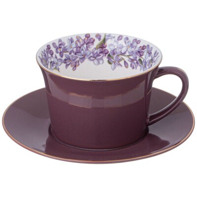 Lefard Lilac Porcelain Teacup and Saucer Set Fine China Cup 8.5 oz, Purple