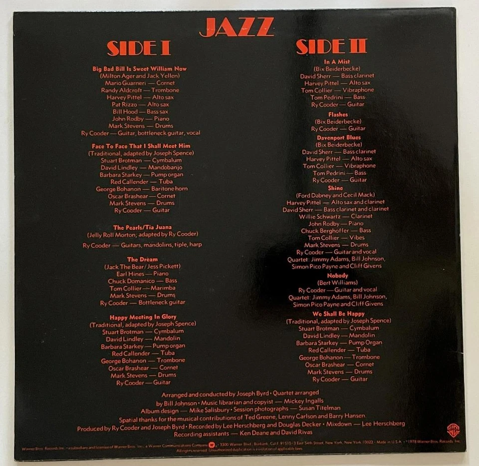 Ry Cooder Jazz LP M- Warner Bros. (1978) ORIGINAL - Image 4 of 4