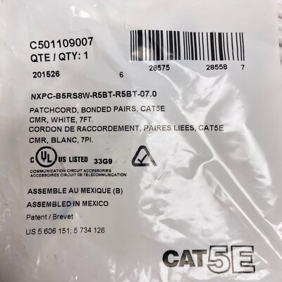 7ft Cat 5e Mod Patch Cord, Bonded-Pair, 4-Pair, 24 AWG Solid, CMR, T568A/B