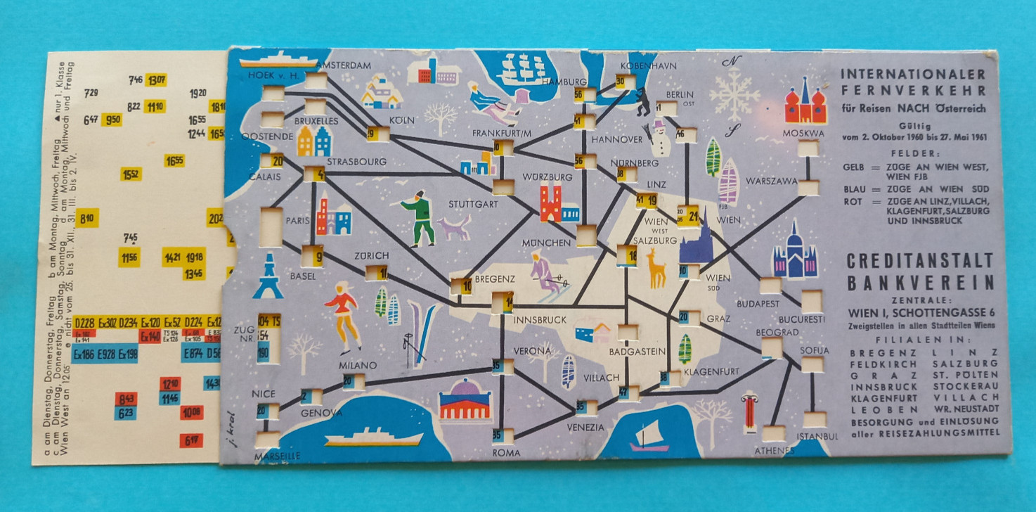 Mapa de ruta móvil ferroviario inserción de doble cara distancia horario Austria 1961