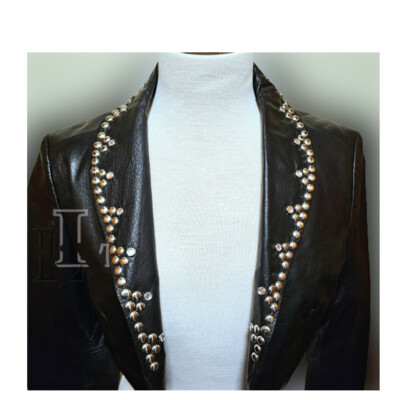 Handmade Women Black Genuine Cowhide Pure Leather Coat With Collar Studded