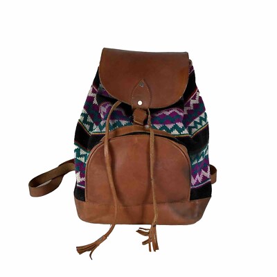 Vintage  BoHo Bag Folk Blanket Sling Backpack Barrel Tan Leather Bottom Aztec