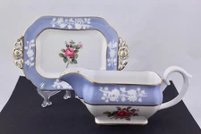 SPODE COPELAND CHINA MARITIME ROSE GRAVY BOAT WITH UNDERPLATE SET - MINT