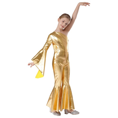 Kids Girls Dance Jumpsuit One Piece Bodysuit Shiny Romper Metallic Playsuit - Picture 14 of 95