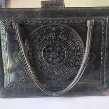 Antique Vintage Black Leather Tooled Purse Aztec Mayan Mexico Hippie Boho Repair