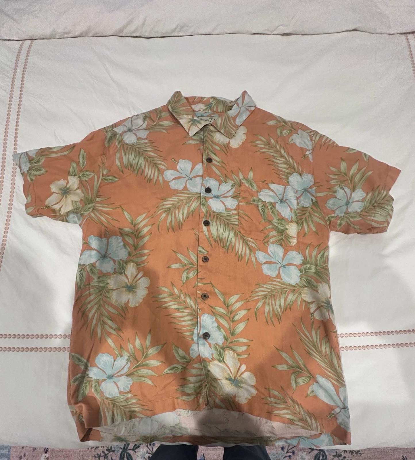 Tropical Island Men's XL Silk Orange Green Floral Button-Up Hawaiian Shirt