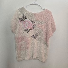 VTG 80s Partners Mervyns Women s White Pearl Short Sleeve Floral Sweater Medium