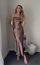 Sleek Zara metallic rosy bronze slip maxi with thin spaghetti straps -