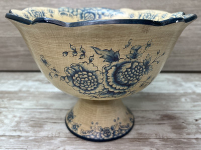 Echo Point Collection Pedestal Pottery Bowl - Ceramic - 8'' x 6'' - Blue/Cream
