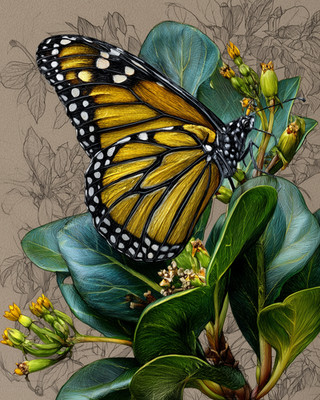8x10 Monarch Butterfly resting on leaf, green foliage, illustration - 734282293