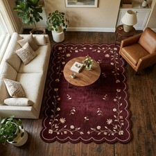 Luxury Hand Tufted Wool Burgundy Floral Rug, Scalloped Edge Botanical Area Rug