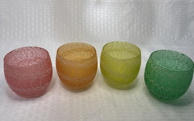 Vintage Pink Green  Yellow & Orange Spaghetti String Roly Poly Glasses Set Of 4
