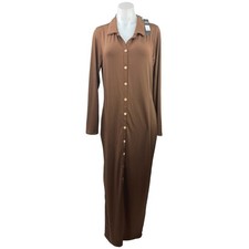 NEW Fashion Nova Brown Collared Long Sleeve Button Up Tall Maxi Shirt Dress Sz S