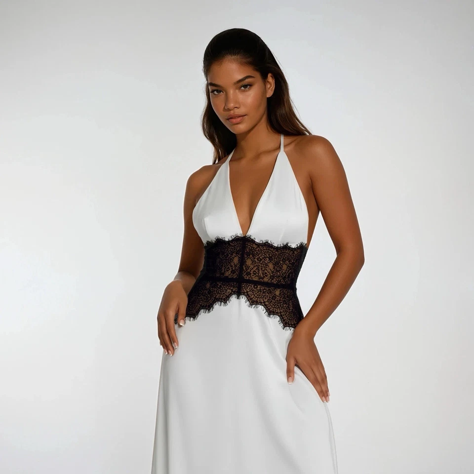 Saide - Vestido Halter con Acentos de Encaje en Blanco, Negro y Rosa Tallas S M L Foto 2 de 4