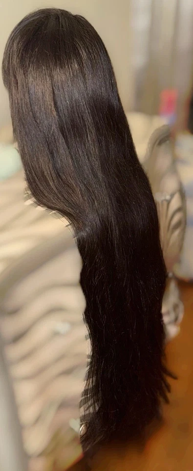 Preciosa peluca frontal de encaje, 32 pulgadas, recta con flequillo, negra, 100 % cabello humano Foto 4 de 4