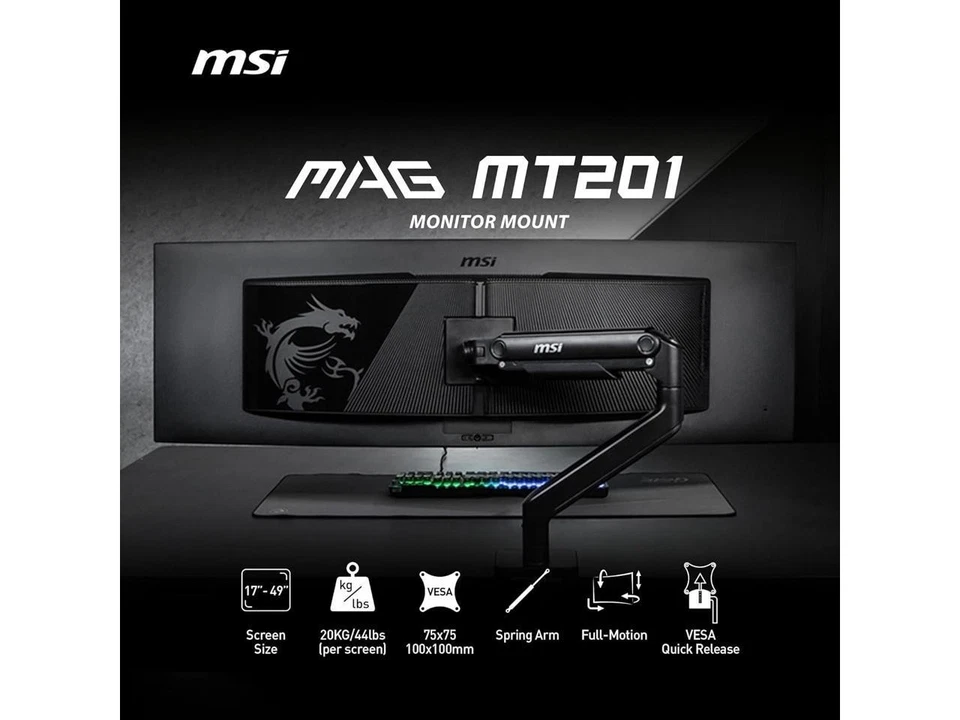 MSI MAG MT201 - Premium Heavy Duty Single Monitor Stand Arm, Supports 17-49" - Image 4 of 4