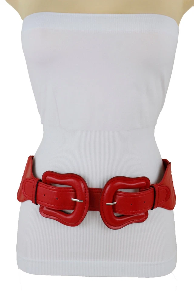 Mujeres Púrpura Rojo Dorado Plata Verde Elástico Banda Ancha Cinturón Doble Hebilla Talla M L Foto 3 de 4