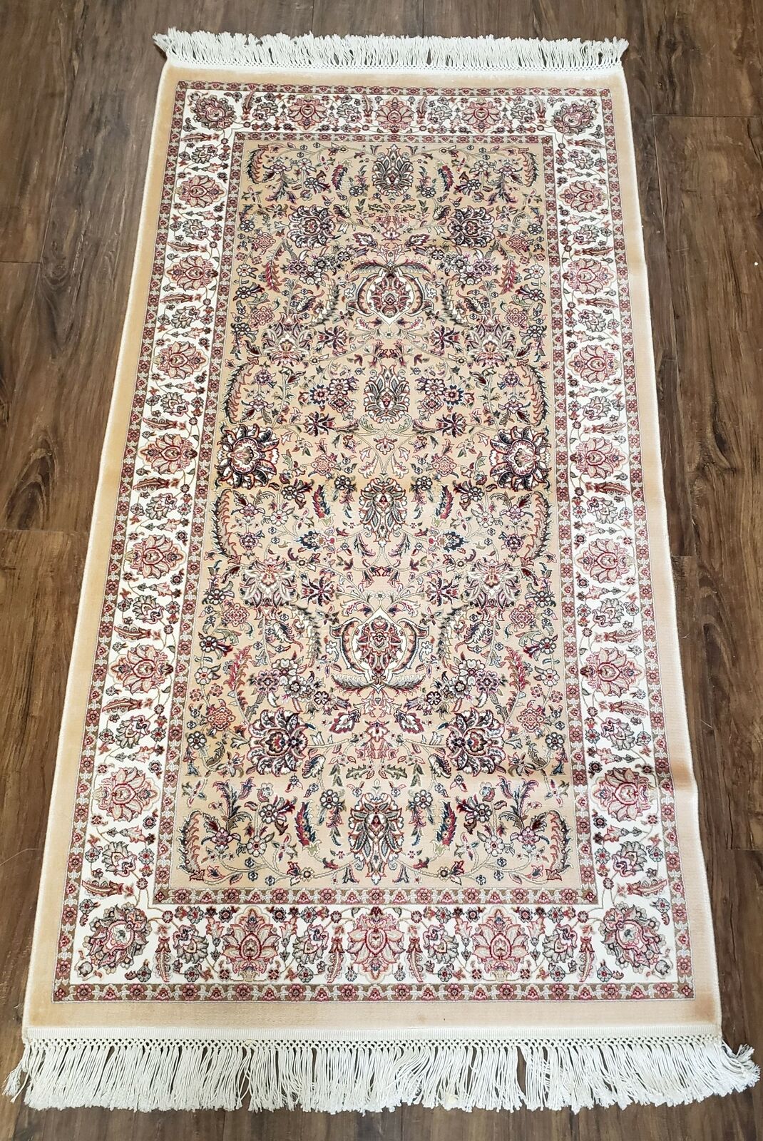 New Turkish Silk Carpet Small 3x5 2.5x5 Tan & Ivory Bamboo Silk Rug 2'8" x 4'11"