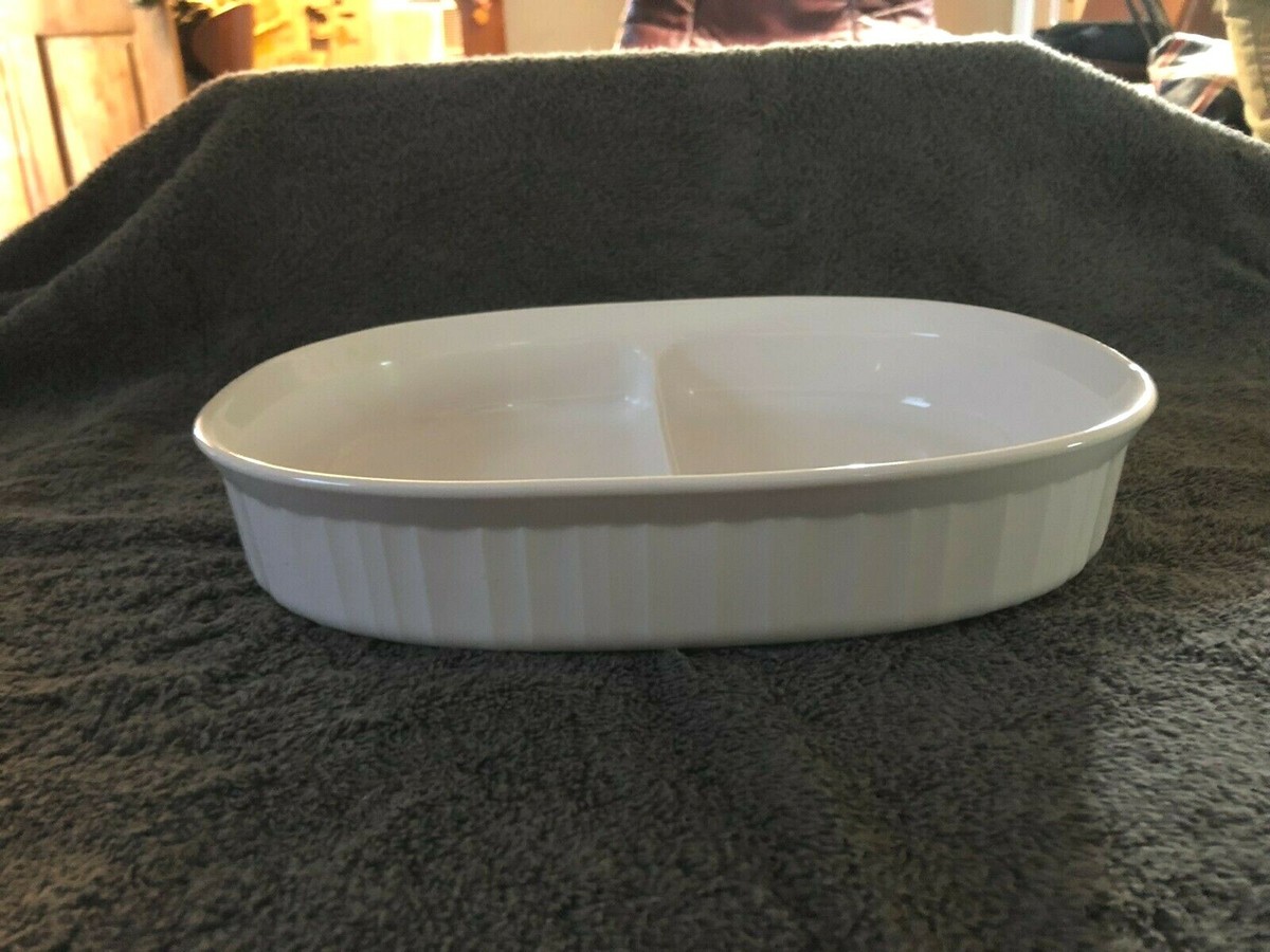 Corning Ware French White Liter Oval Divided Casserole Dish, Model F-6-B