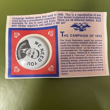 1932 Franklin D Roosevelt We Need You  Reproduction Button Pin on Card